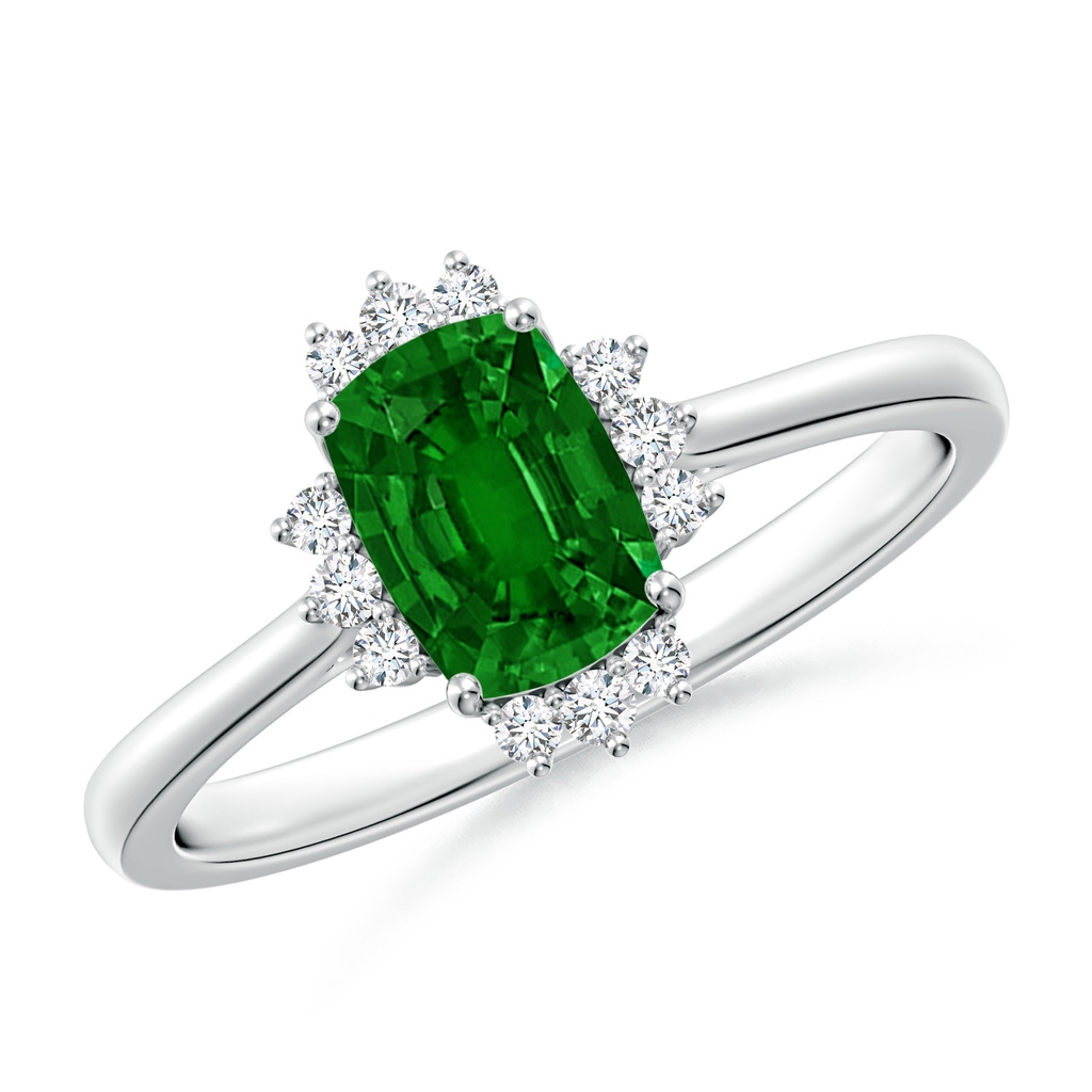 7x5mm AAAA Prong-Set Cushion Rectangular Emerald Halo Engagement Ring in White Gold