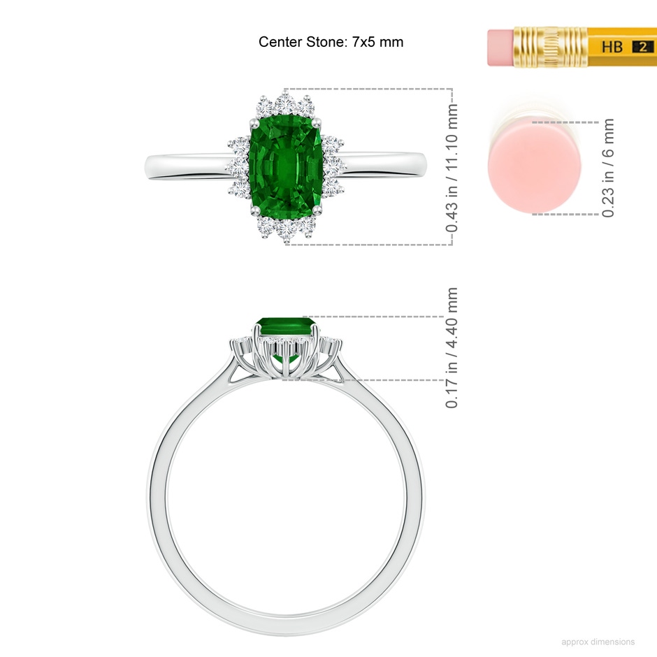 7x5mm AAAA Prong-Set Cushion Rectangular Emerald Halo Engagement Ring in White Gold ruler