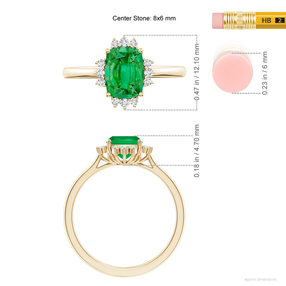 8x6mm AAA Prong-Set Cushion Rectangular Emerald Halo Engagement Ring in Yellow Gold ruler