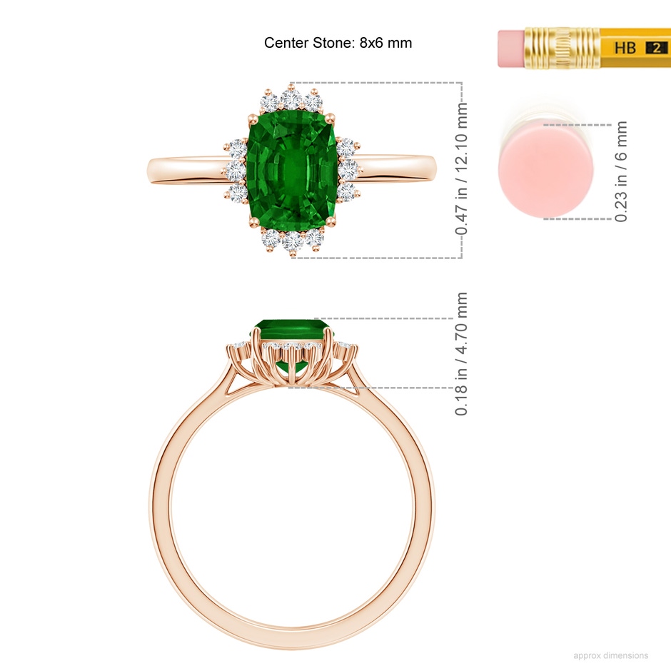 8x6mm AAAA Prong-Set Cushion Rectangular Emerald Halo Engagement Ring in 18K Rose Gold ruler