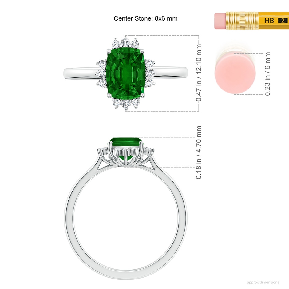 8x6mm AAAA Prong-Set Cushion Rectangular Emerald Halo Engagement Ring in P950 Platinum ruler