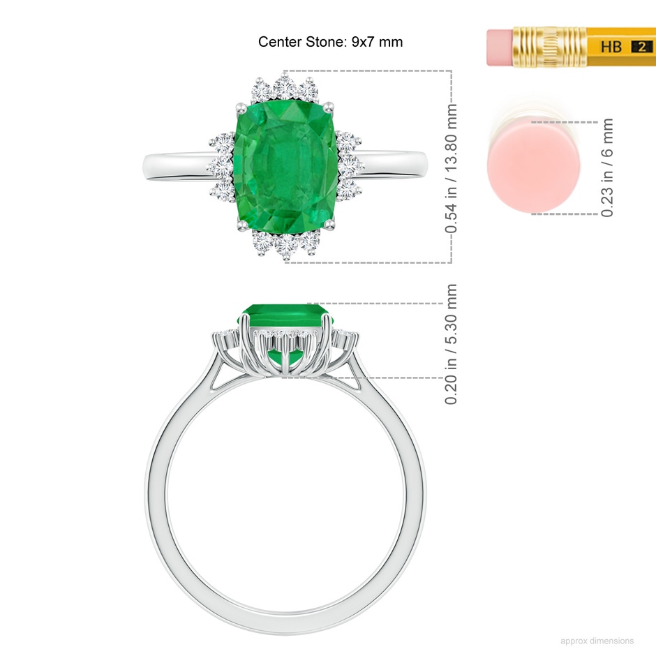 9x7mm AA Prong-Set Cushion Rectangular Emerald Halo Engagement Ring in P950 Platinum ruler