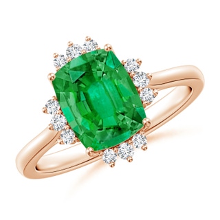9x7mm AAA Prong-Set Cushion Rectangular Emerald Halo Engagement Ring in Rose Gold