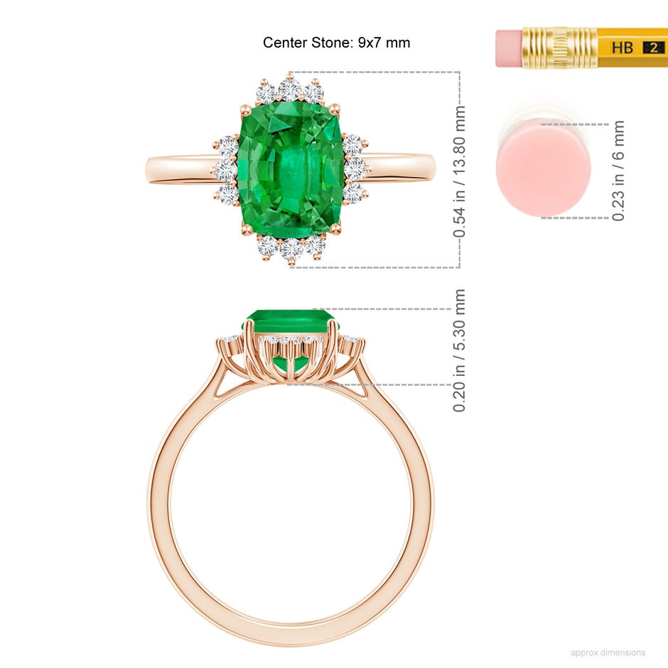 9x7mm AAA Prong-Set Cushion Rectangular Emerald Halo Engagement Ring in Rose Gold ruler