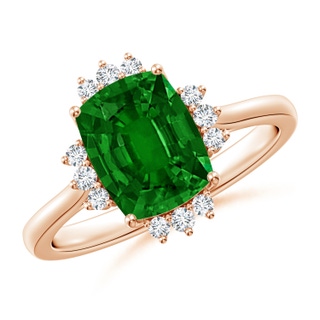 9x7mm AAAA Prong-Set Cushion Rectangular Emerald Halo Engagement Ring in Rose Gold