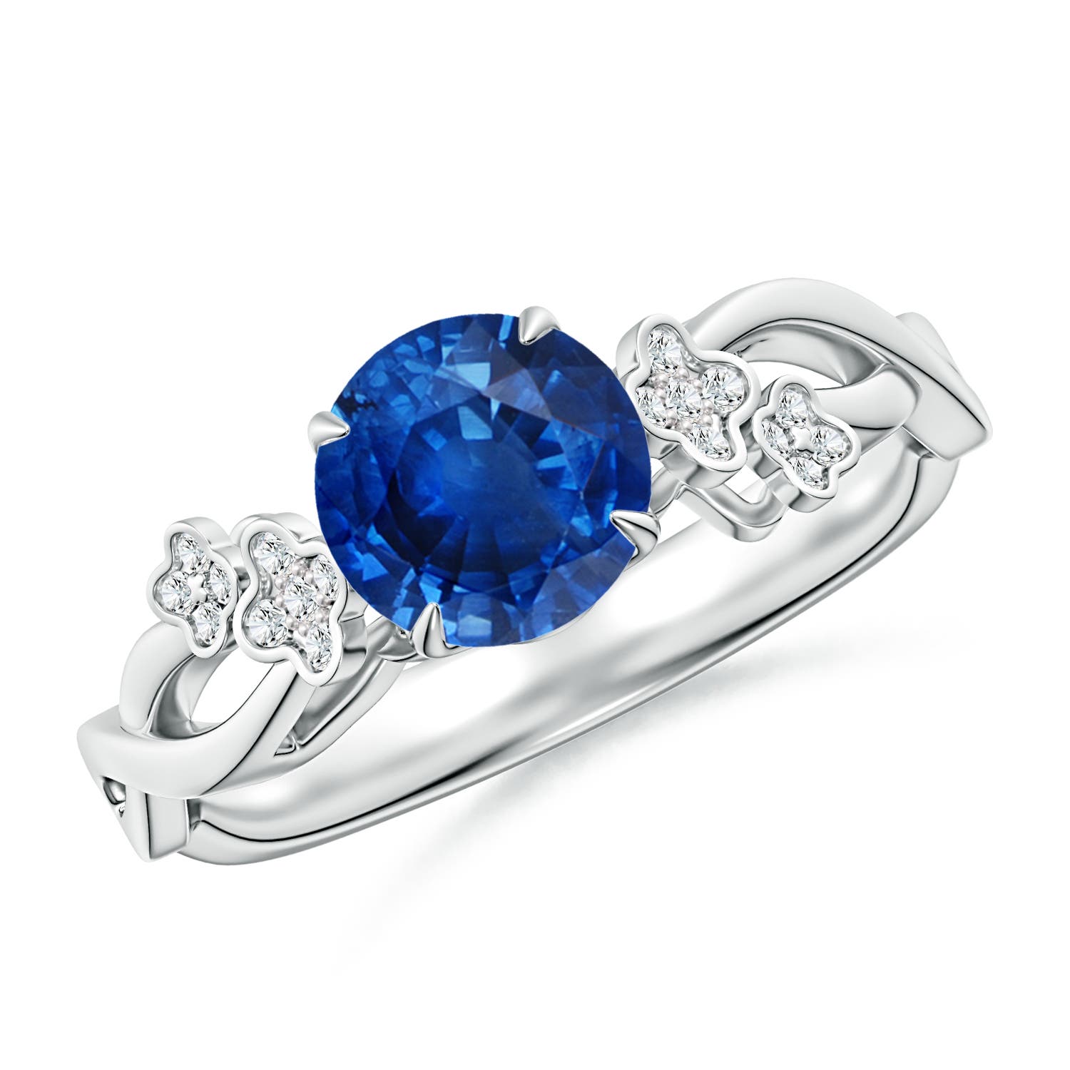 6.5mm AAA Nature-Inspired Round Blue Sapphire Floral Engagement Ring in 18CT White Gold