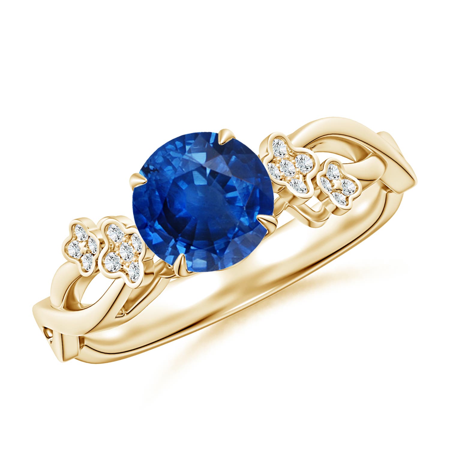 6.5mm AAA Nature-Inspired Round Blue Sapphire Floral Engagement Ring in Yellow Gold