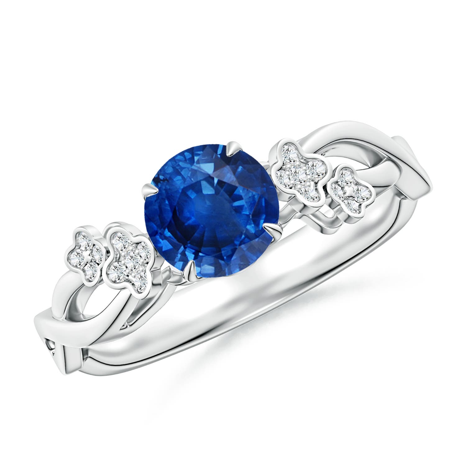 6mm AAA Nature-Inspired Round Blue Sapphire Floral Engagement Ring in 18K White Gold