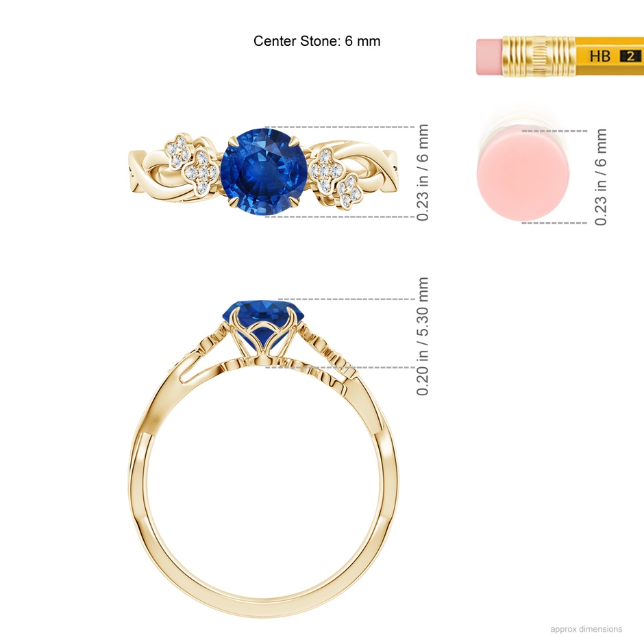 6mm AAA Nature-Inspired Round Blue Sapphire Floral Engagement Ring in Yellow Gold ruler