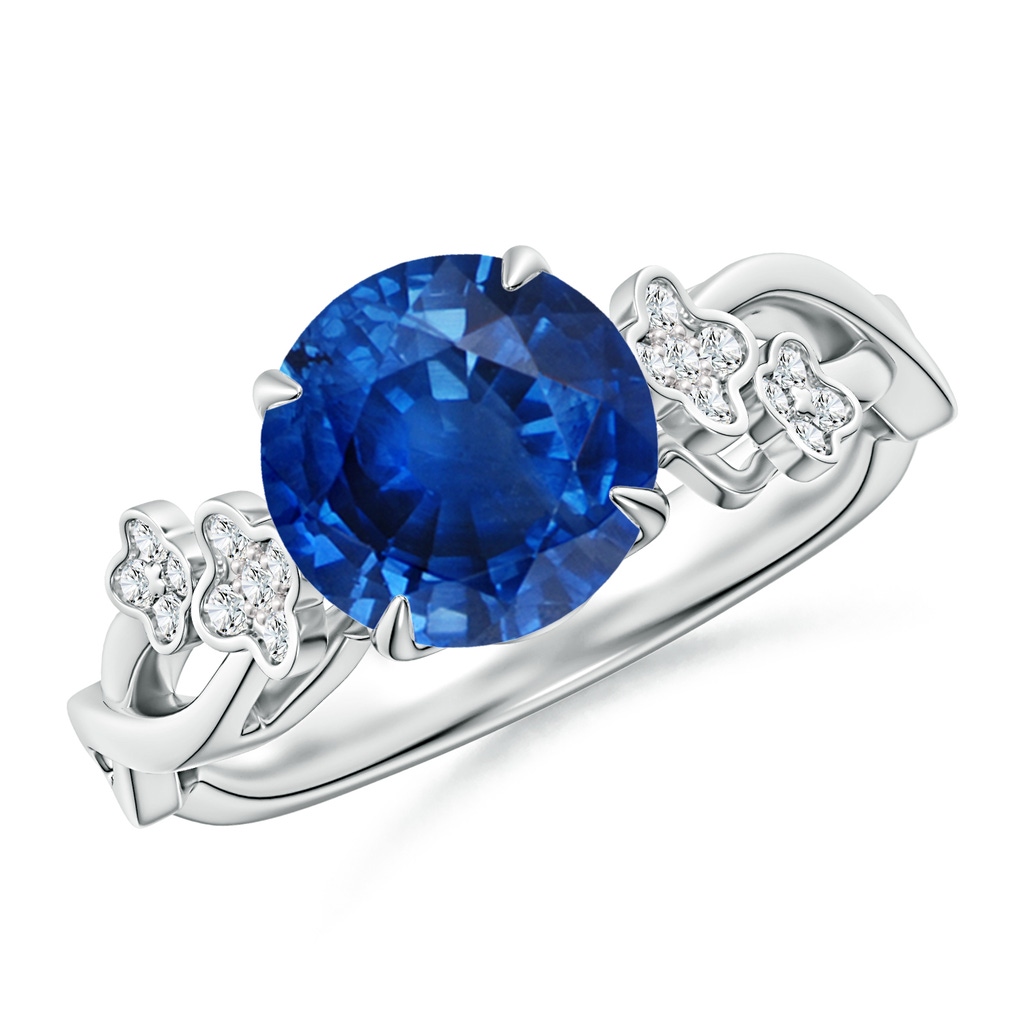 8mm AAA Nature-Inspired Round Blue Sapphire Floral Engagement Ring in White Gold