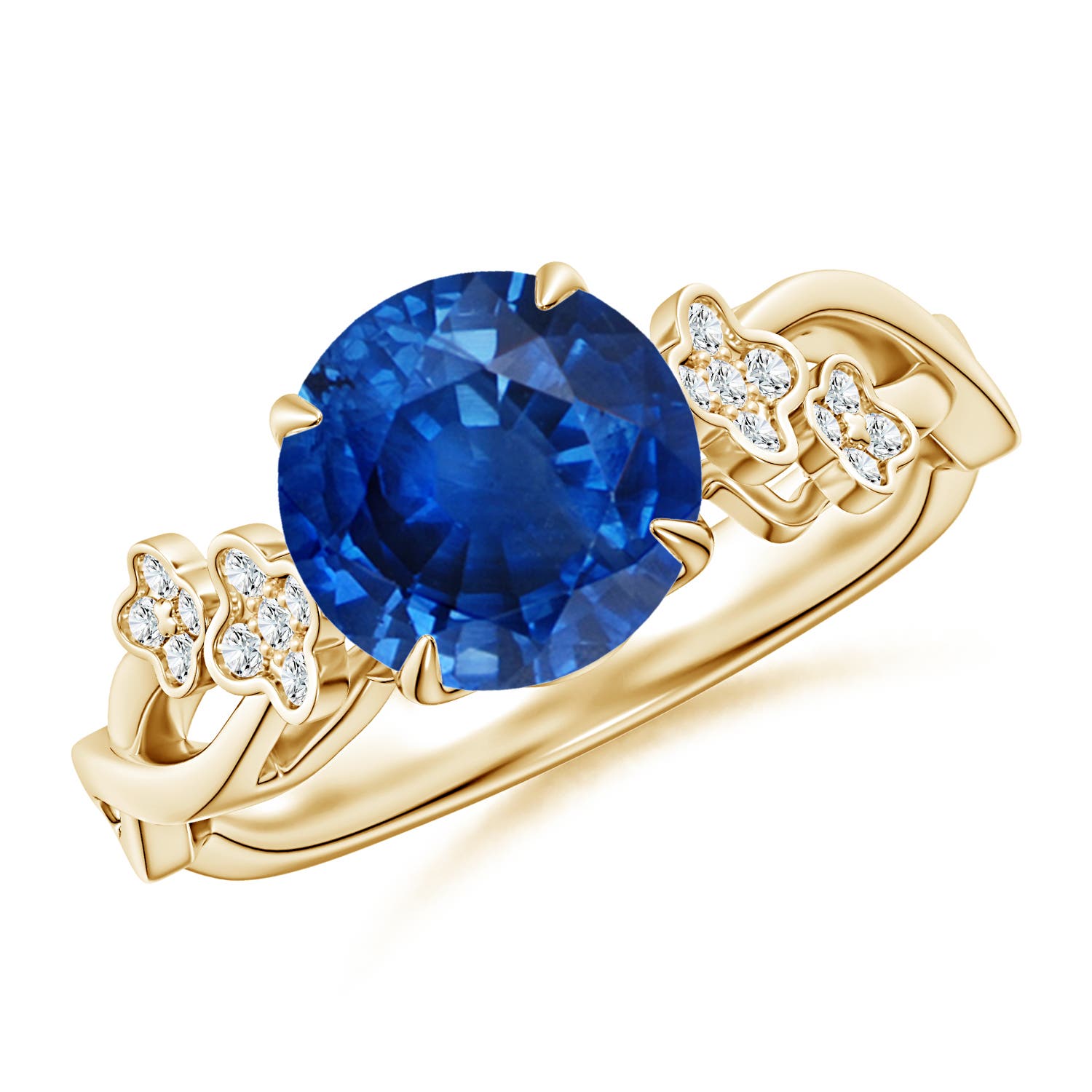 8mm AAA Nature-Inspired Round Blue Sapphire Floral Engagement Ring in Yellow Gold