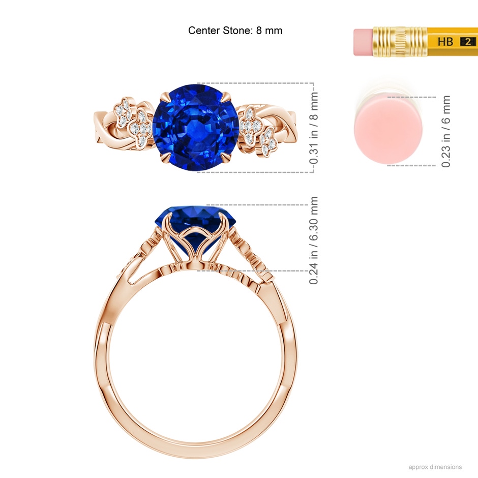8mm AAAA Nature-Inspired Round Blue Sapphire Floral Engagement Ring in Rose Gold ruler