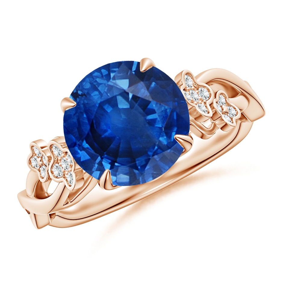 9mm AAA Nature-Inspired Round Blue Sapphire Floral Engagement Ring in 18K Rose Gold 