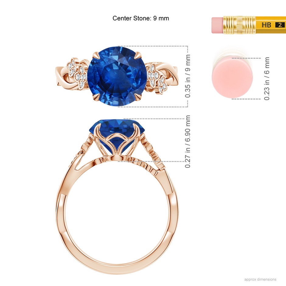 9mm AAA Nature-Inspired Round Blue Sapphire Floral Engagement Ring in 18K Rose Gold ruler