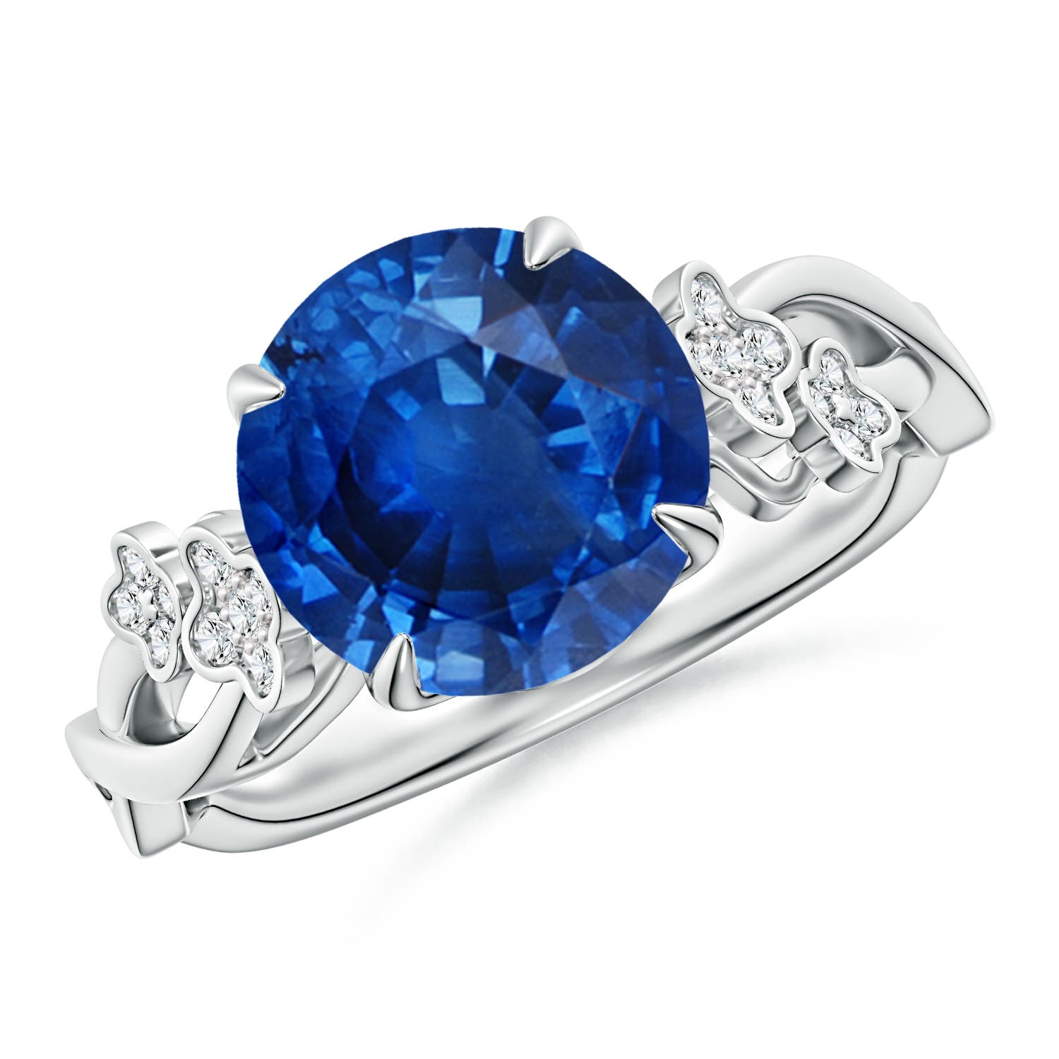 9mm AAA Nature-Inspired Round Blue Sapphire Floral Engagement Ring in White Gold