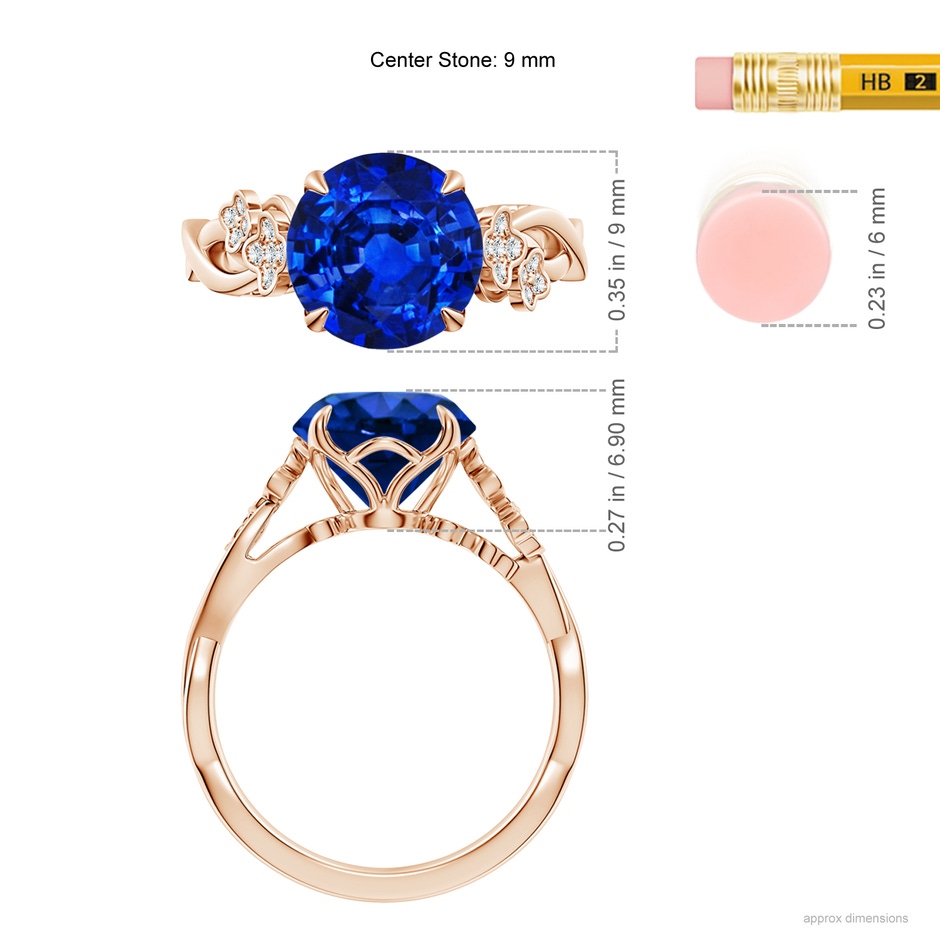 9mm AAAA Nature-Inspired Round Blue Sapphire Floral Engagement Ring in 18K Rose Gold ruler