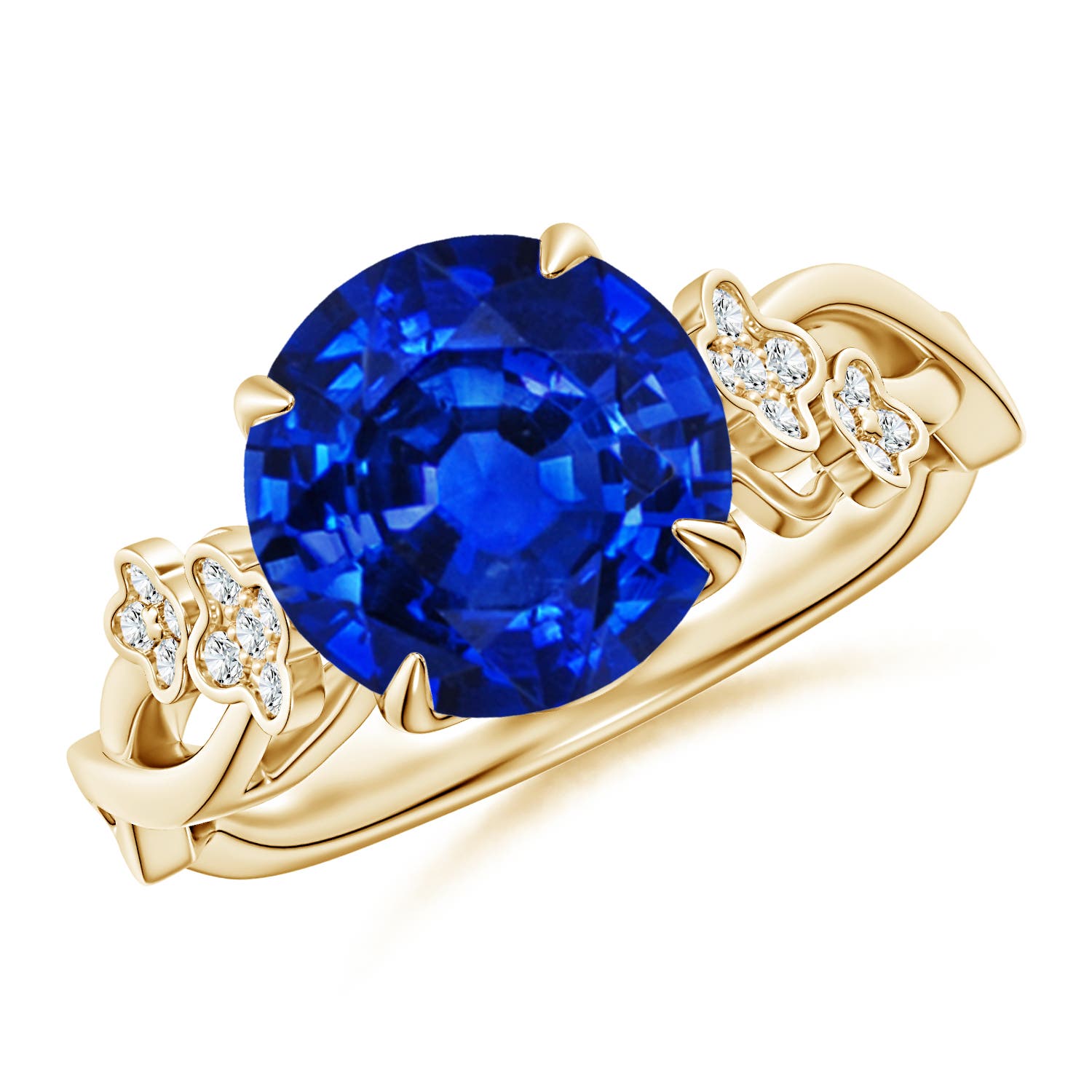 9mm AAAA Nature-Inspired Round Blue Sapphire Floral Engagement Ring in Yellow Gold