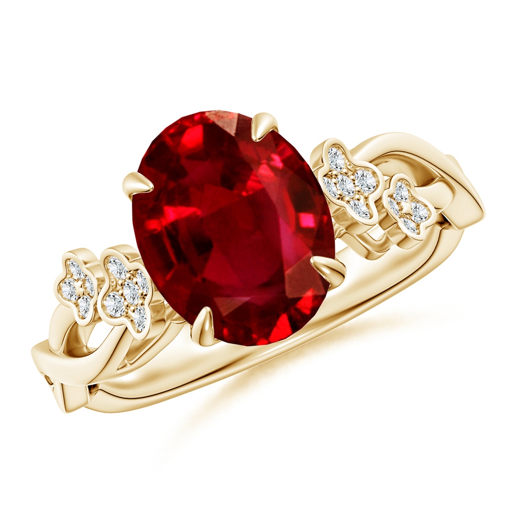 10x8mm AAAA Nature-Inspired Oval Ruby Floral Engagement Ring in Yellow Gold