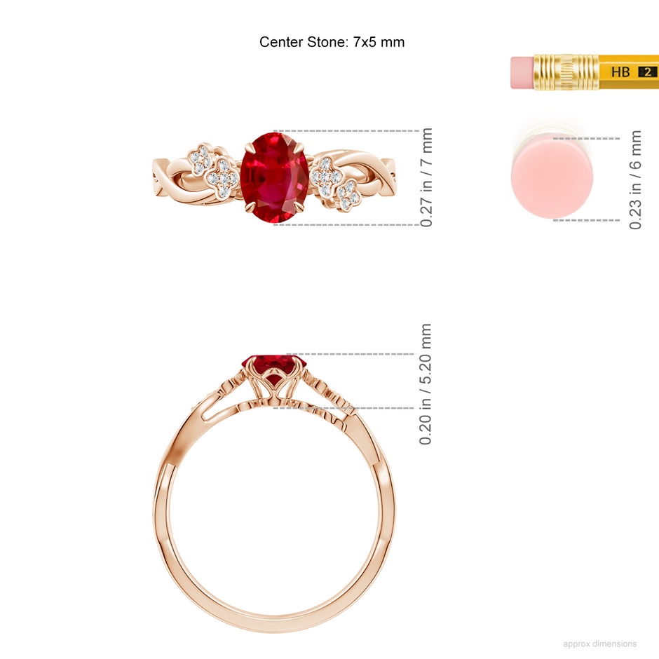 7x5mm AAA Nature-Inspired Oval Ruby Floral Engagement Ring in Rose Gold ruler