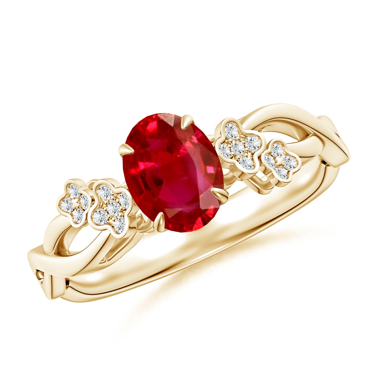 7x5mm AAA Nature-Inspired Oval Ruby Floral Engagement Ring in Yellow Gold