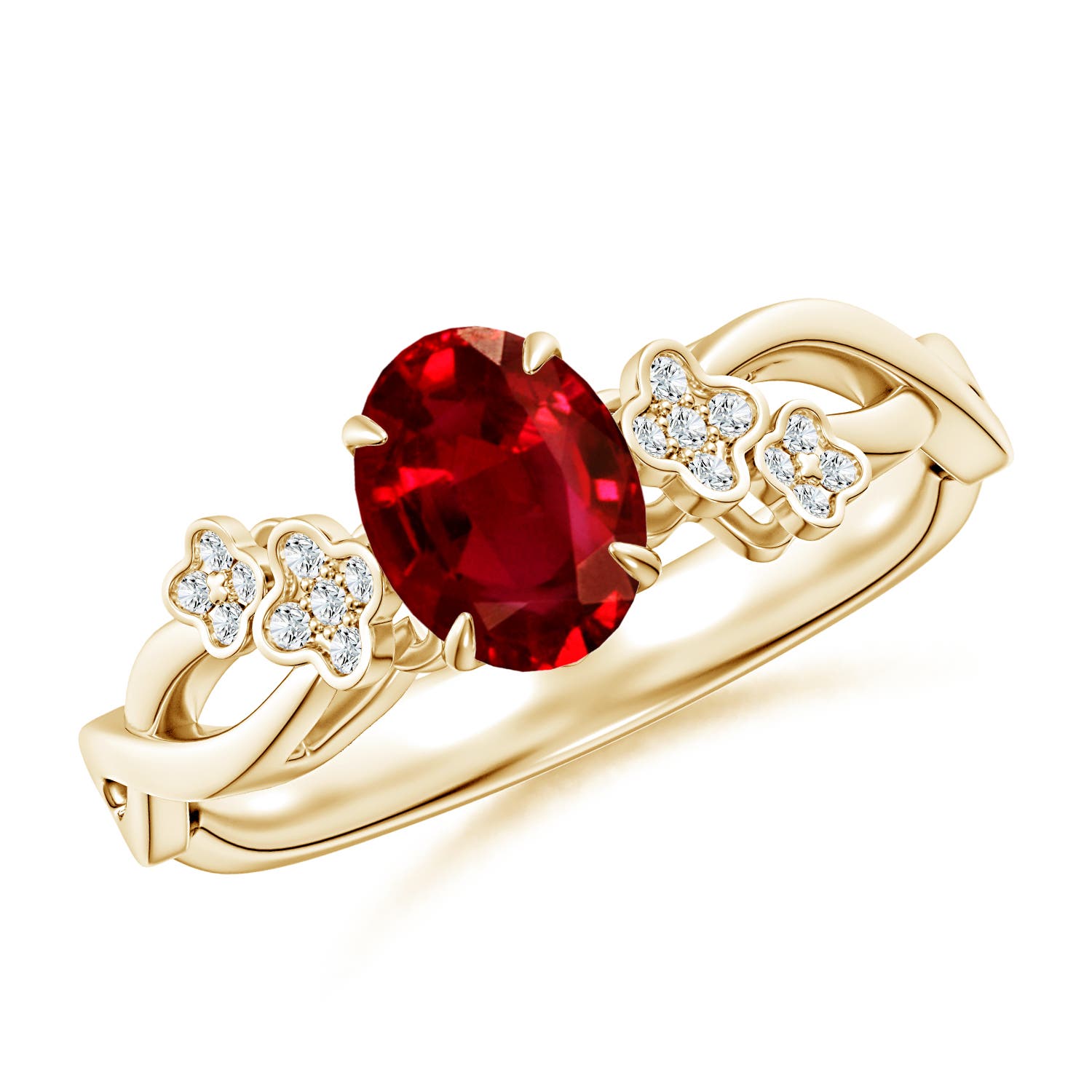 7x5mm AAAA Nature-Inspired Oval Ruby Floral Engagement Ring in Yellow Gold