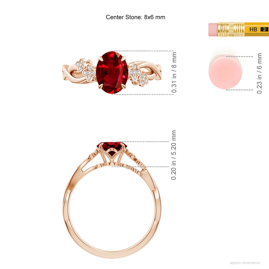 8x6mm AAAA Nature-Inspired Oval Ruby Floral Engagement Ring in 18K Rose Gold ruler