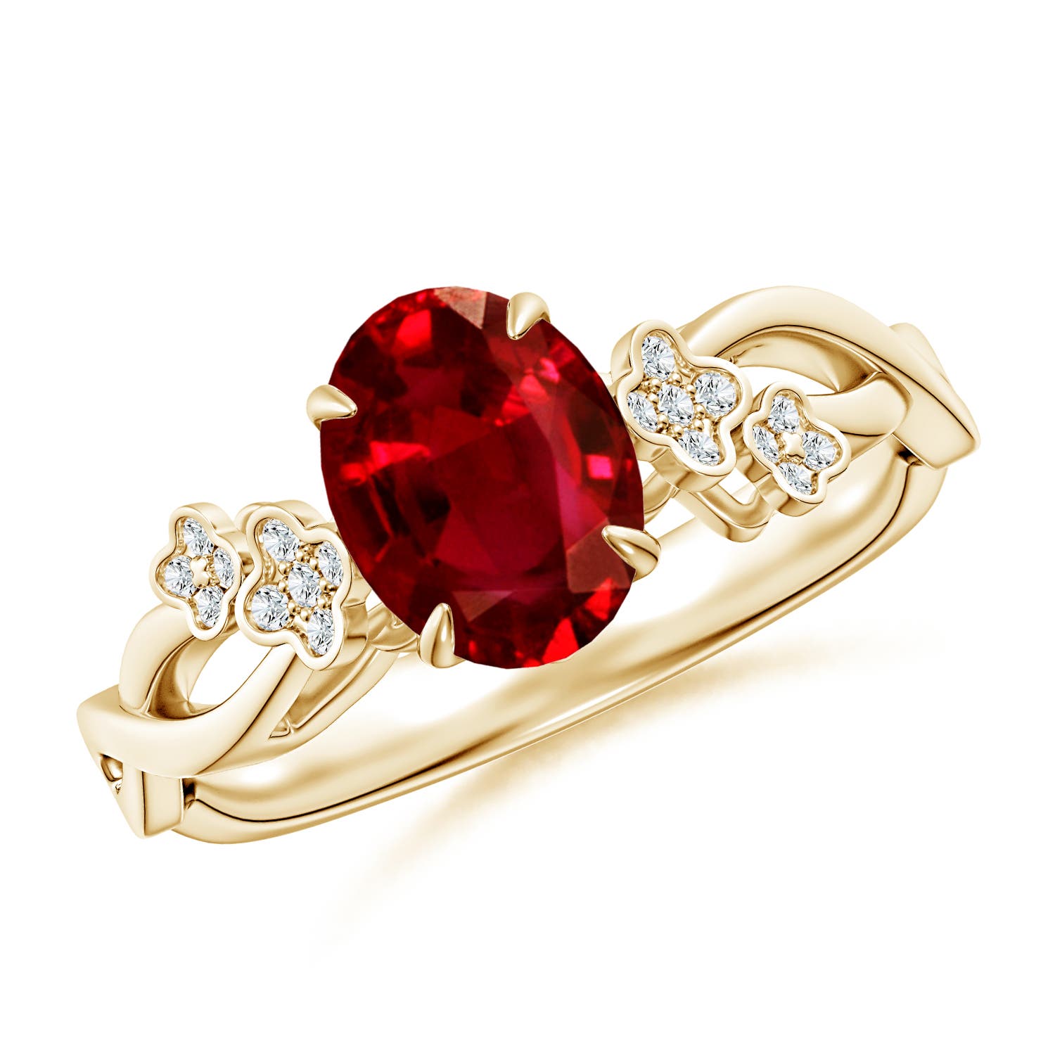 8x6mm AAAA Nature-Inspired Oval Ruby Floral Engagement Ring in Yellow Gold