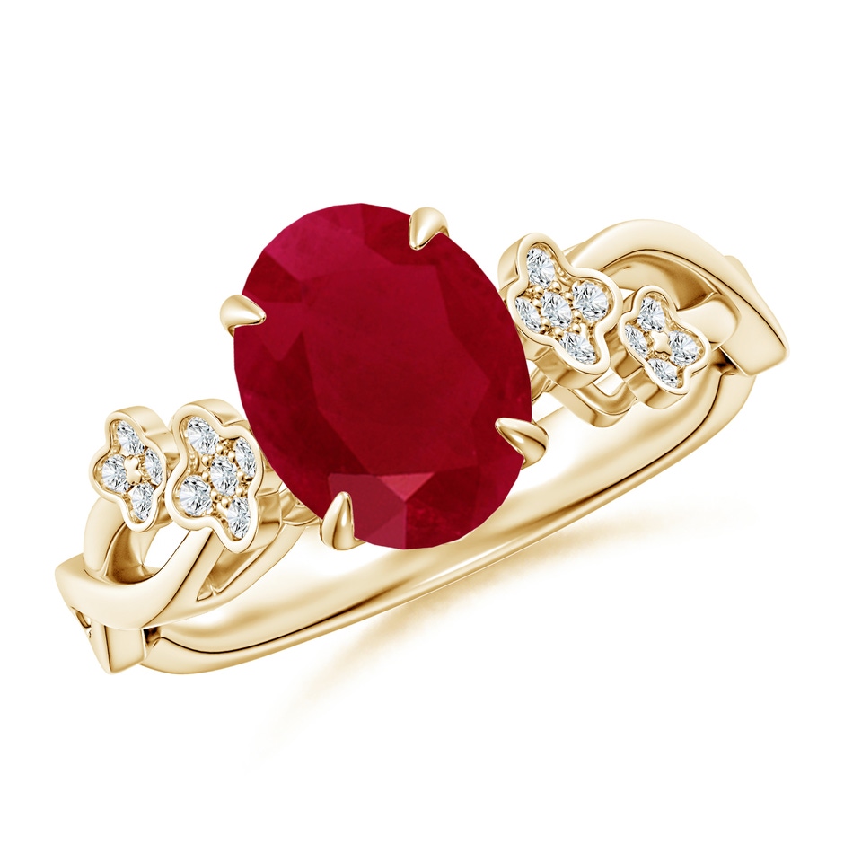 9x7mm AA Nature-Inspired Oval Ruby Floral Engagement Ring in Yellow Gold 
