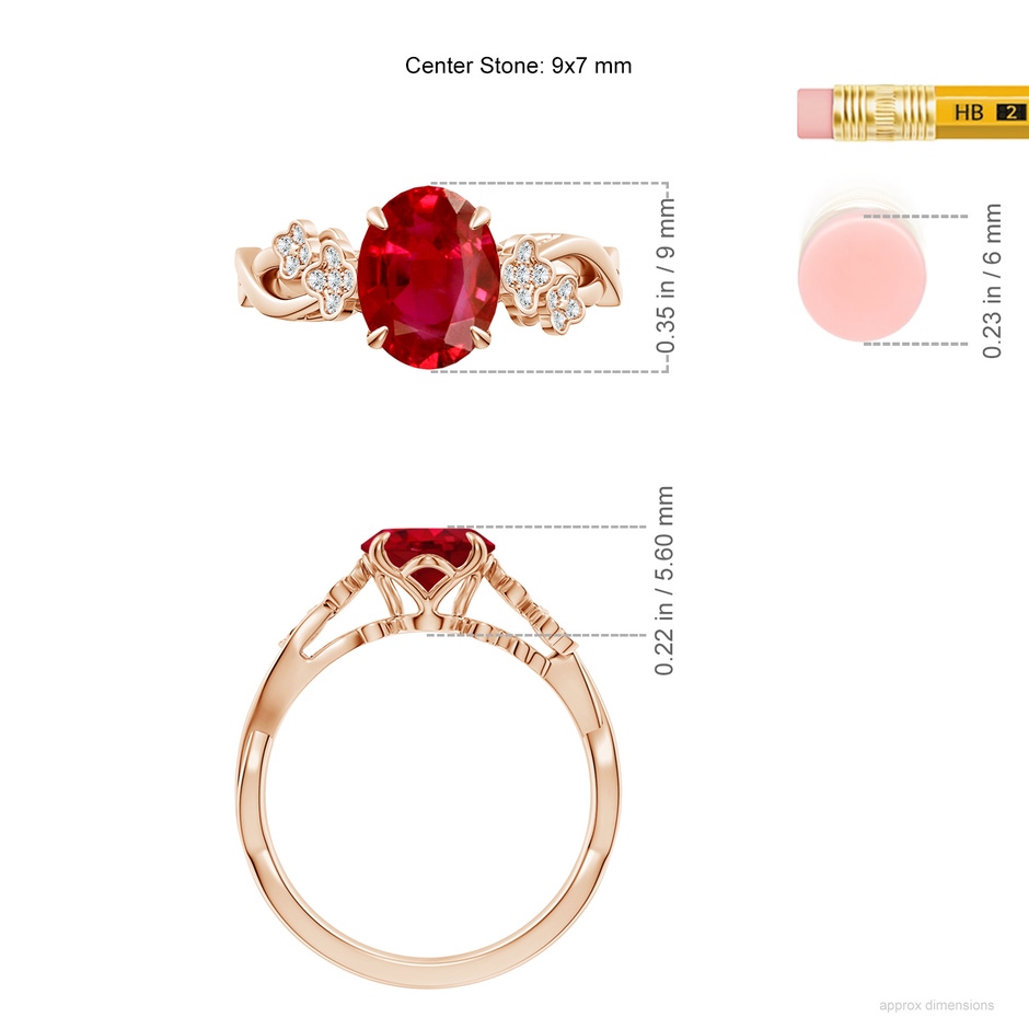 9x7mm AAA Nature-Inspired Oval Ruby Floral Engagement Ring in Rose Gold ruler