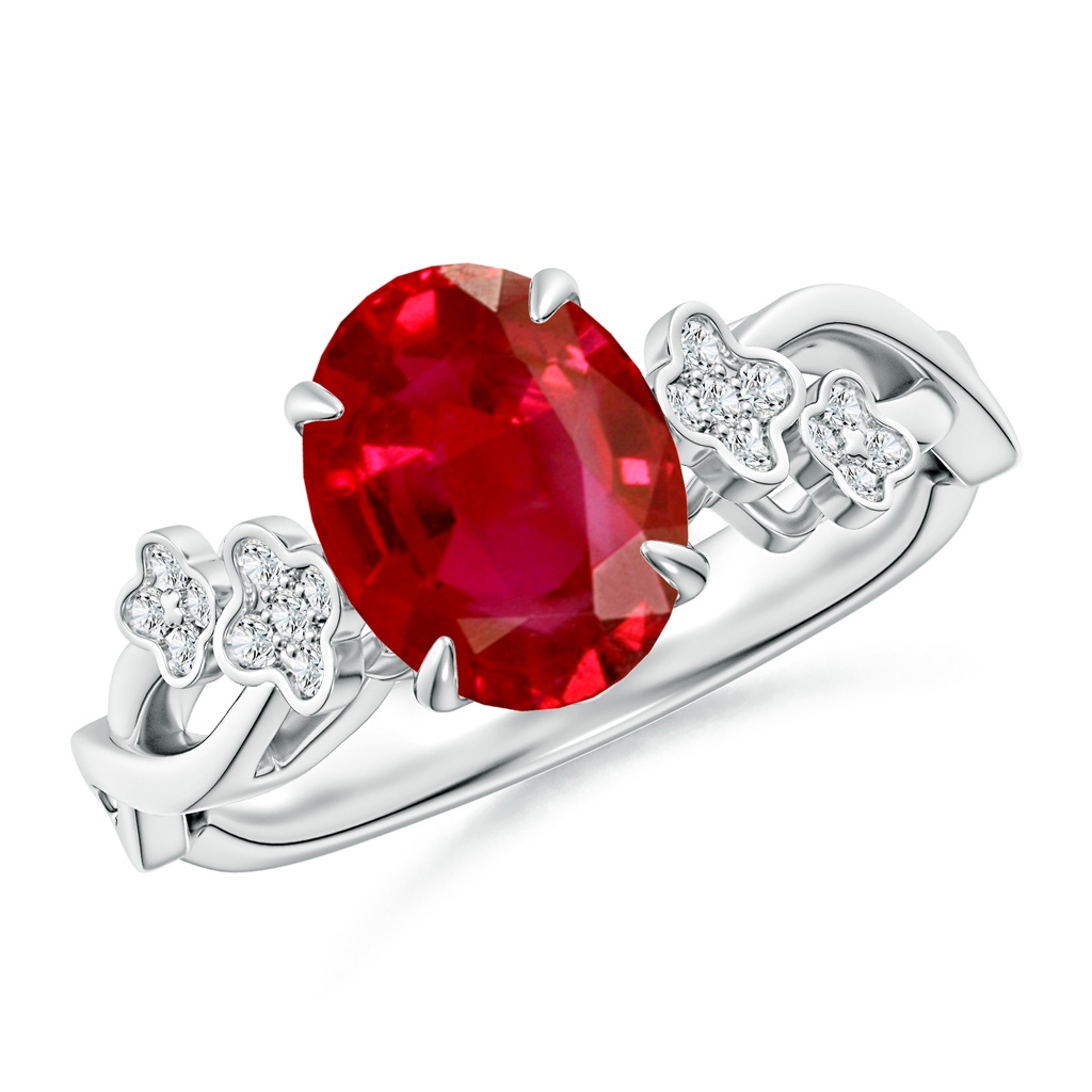 9x7mm AAA Nature-Inspired Oval Ruby Floral Engagement Ring in White Gold