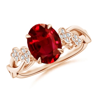 9x7mm AAAA Nature-Inspired Oval Ruby Floral Engagement Ring in 18K Rose Gold