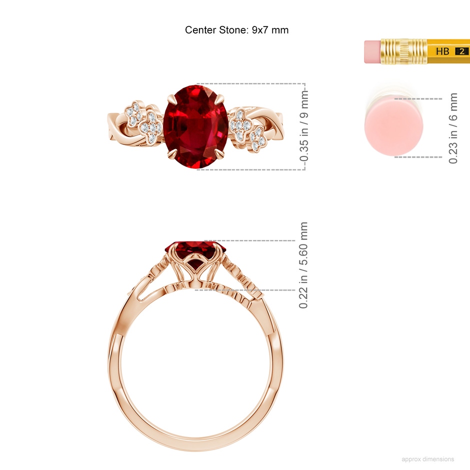 9x7mm AAAA Nature-Inspired Oval Ruby Floral Engagement Ring in 18K Rose Gold ruler