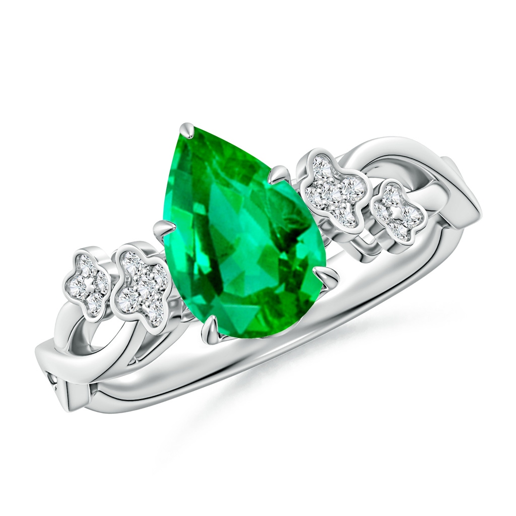 9x7mm AAA Nature-Inspired Pear Emerald Floral Engagement Ring in White Gold