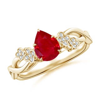 7x5mm AAA Nature-Inspired Pear Ruby Floral Engagement Ring in Yellow Gold