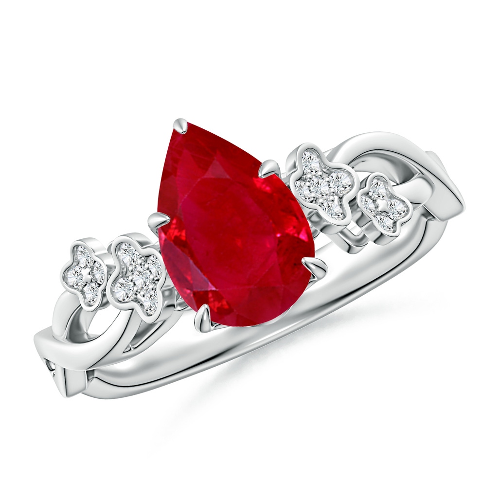 9x7mm AAA Nature-Inspired Pear Ruby Floral Engagement Ring in White Gold