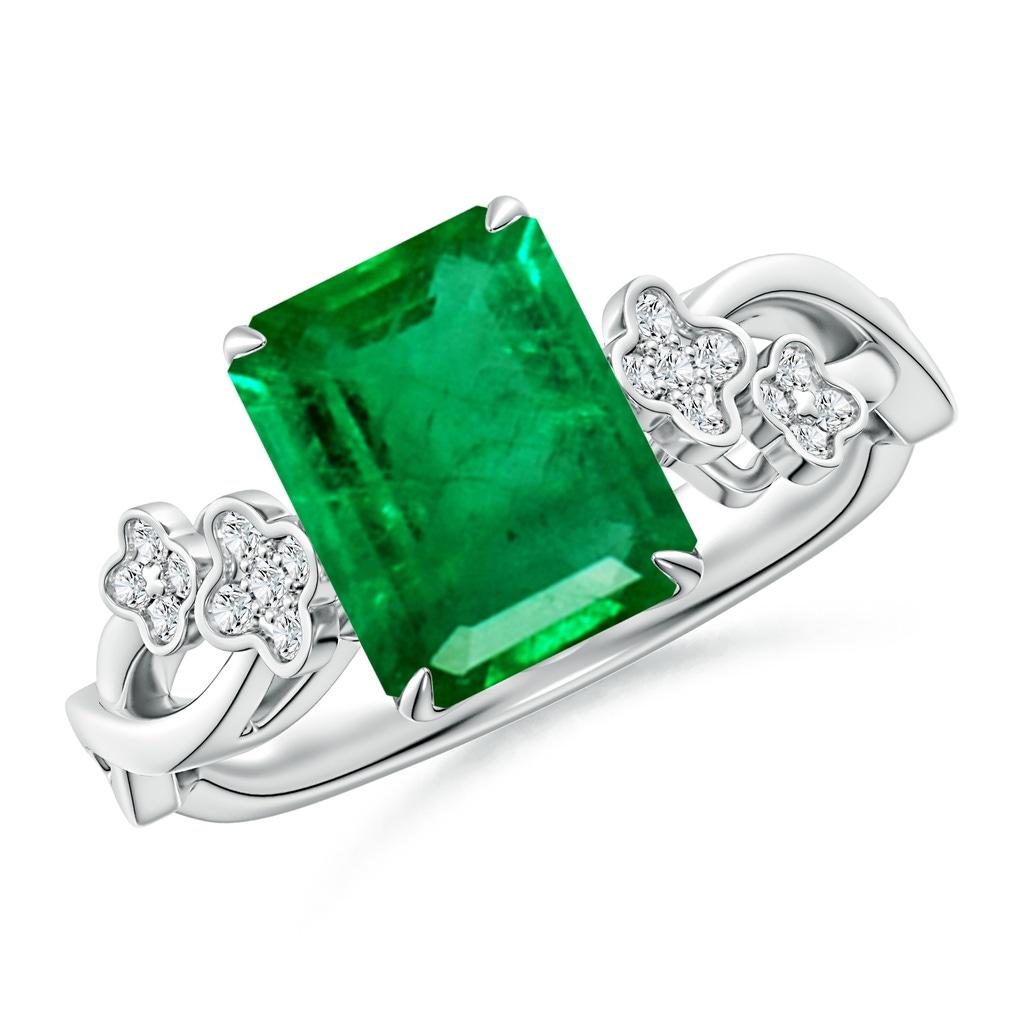 9x7mm AAA Nature-Inspired Emerald-Cut Emerald Floral Engagement Ring in White Gold