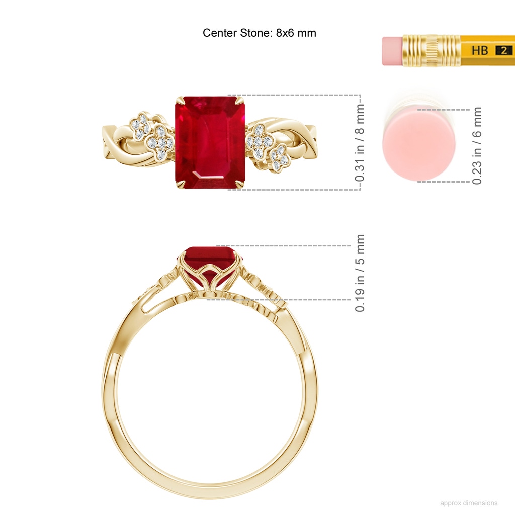 8x6mm AAA Nature-Inspired Emerald-Cut Ruby Floral Engagement Ring in 9K Yellow Gold ruler