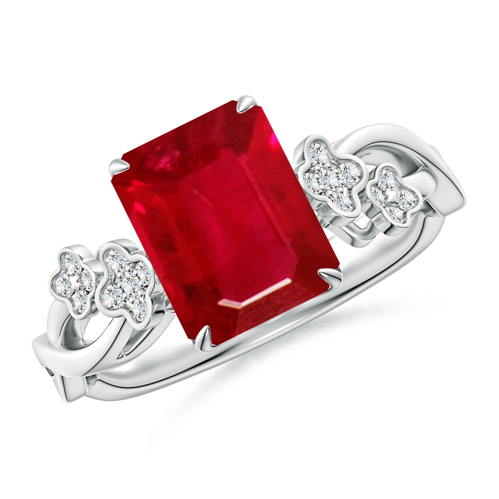 9x7mm AAA Nature-Inspired Emerald-Cut Ruby Floral Engagement Ring in White Gold