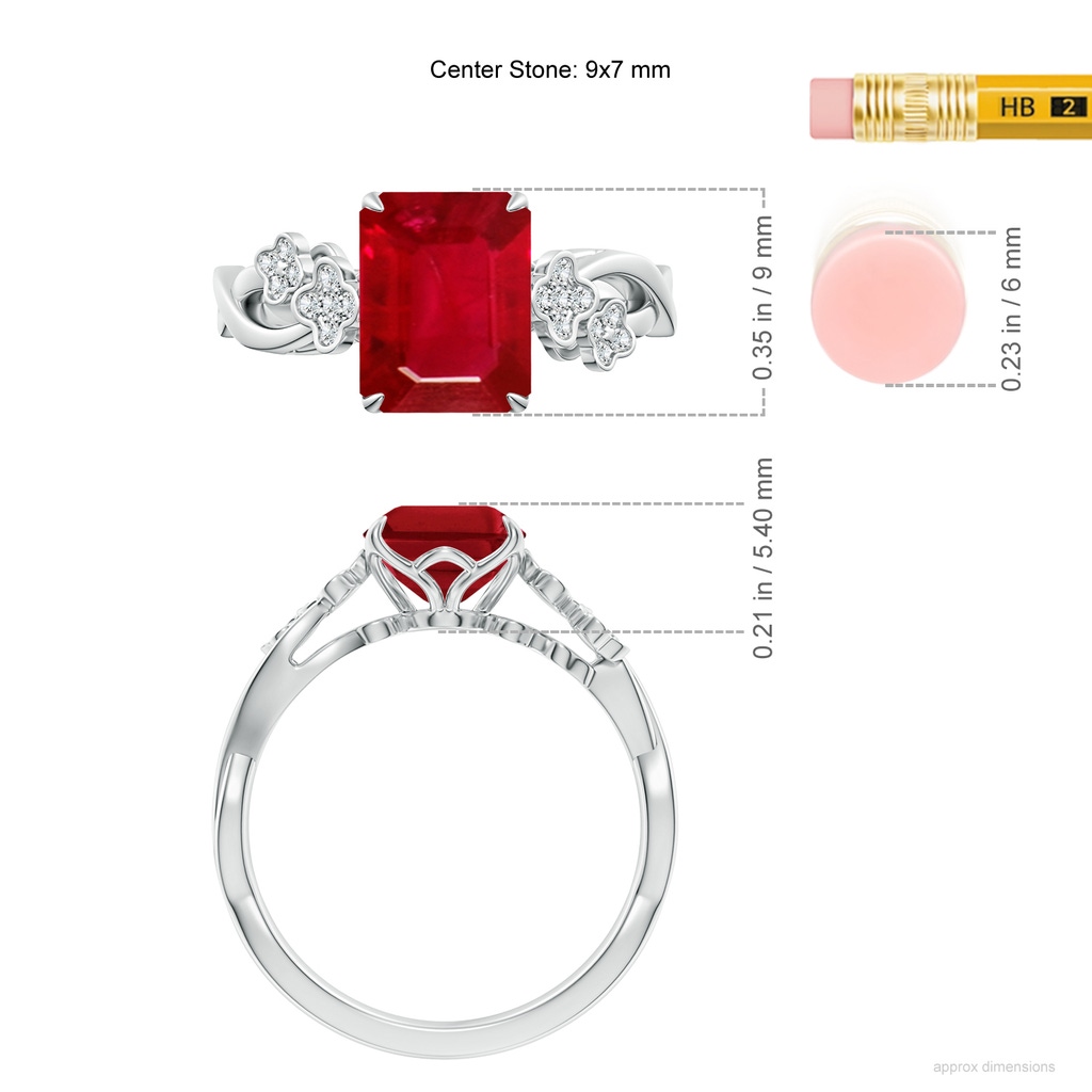 9x7mm AAA Nature-Inspired Emerald-Cut Ruby Floral Engagement Ring in White Gold ruler