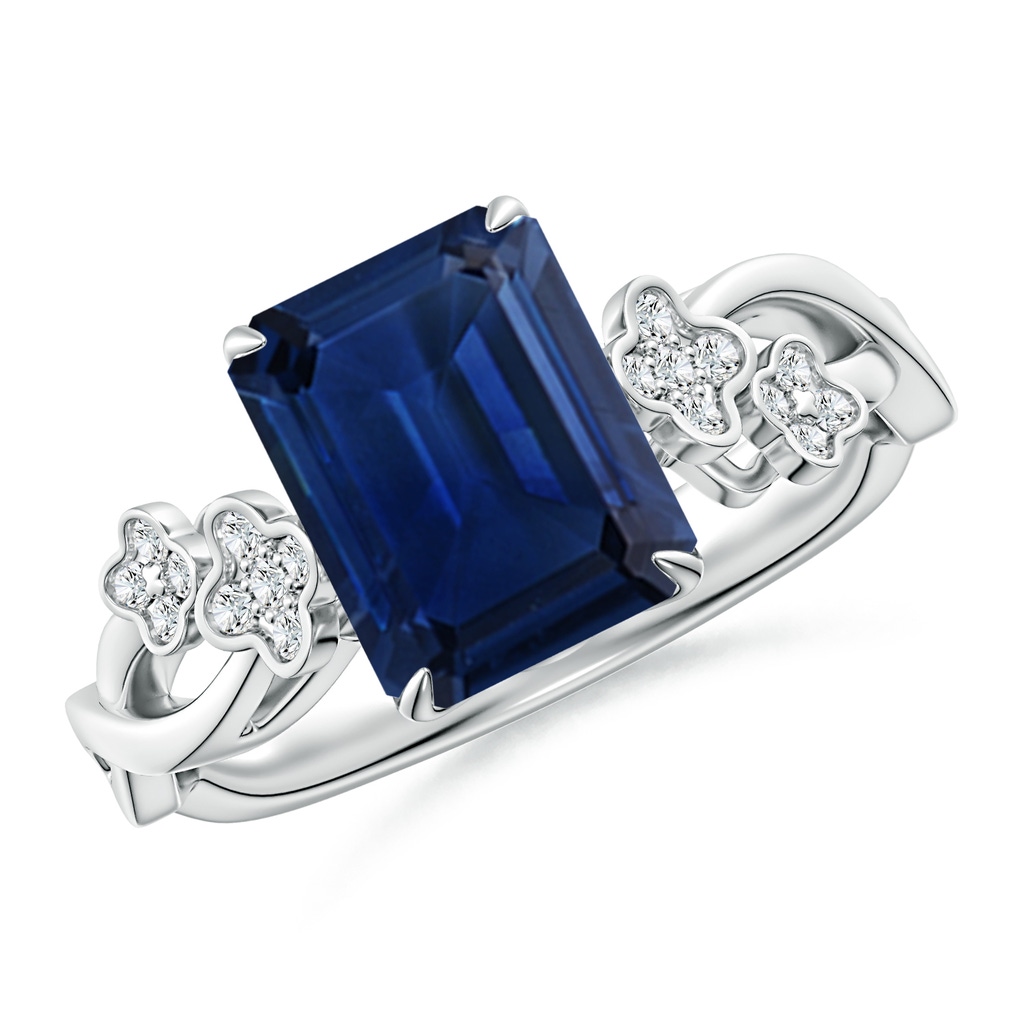 9x7mm AAA Nature-Inspired Emerald-Cut Blue Sapphire Floral Engagement Ring in White Gold