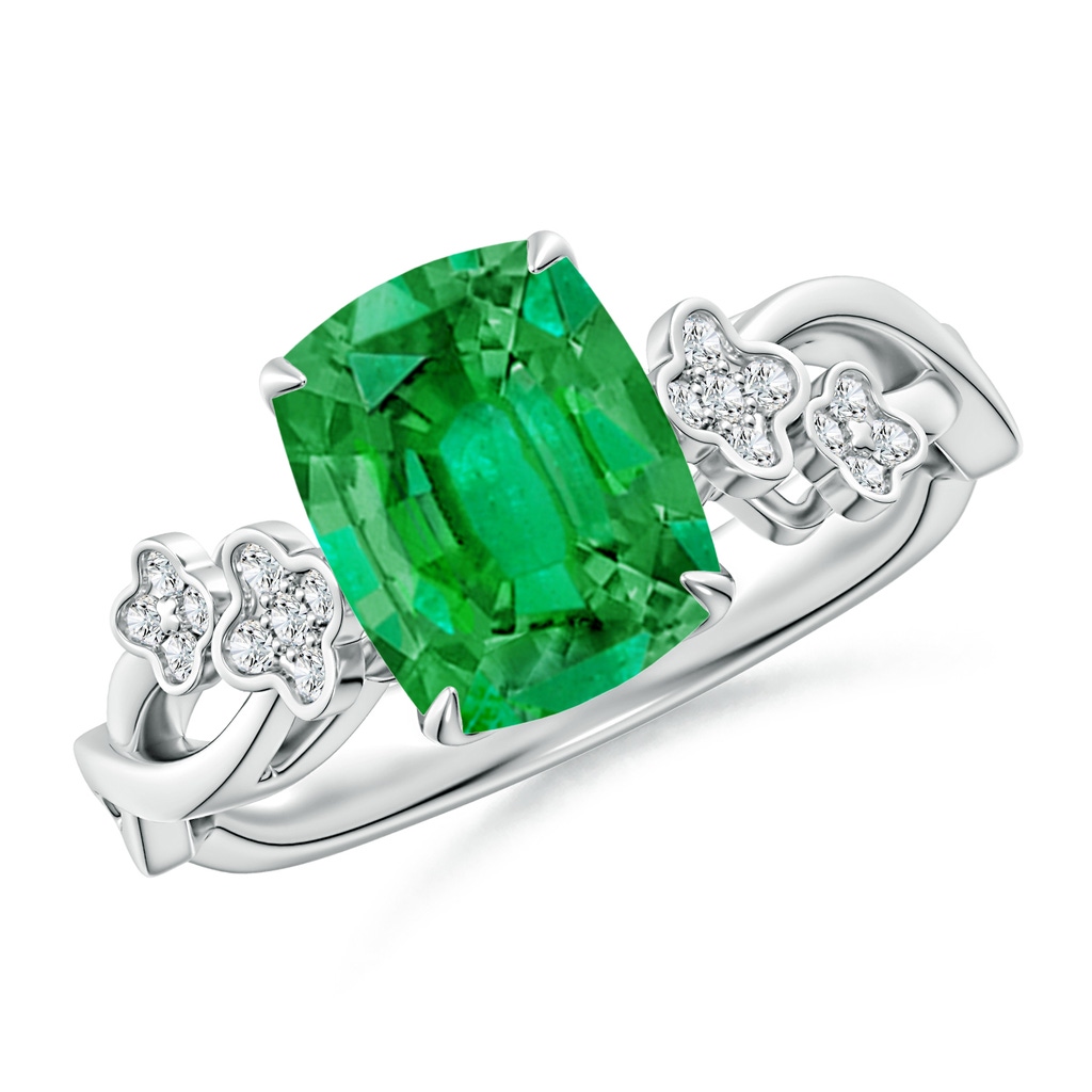 9x7mm AAA Nature-Inspired Cushion Rectangular Emerald Floral Engagement Ring in White Gold