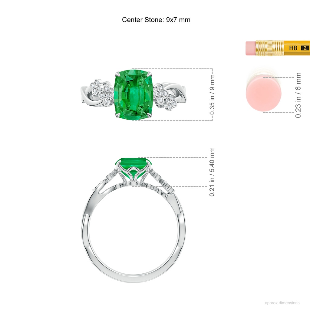 9x7mm AAA Nature-Inspired Cushion Rectangular Emerald Floral Engagement Ring in White Gold ruler