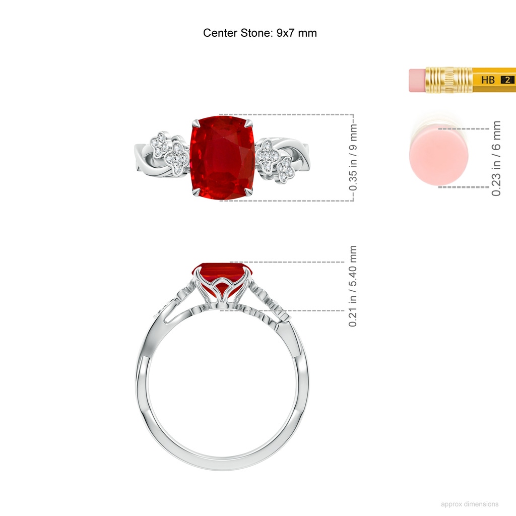 9x7mm AAA Nature-Inspired Cushion Rectangular Ruby Floral Engagement Ring in White Gold ruler