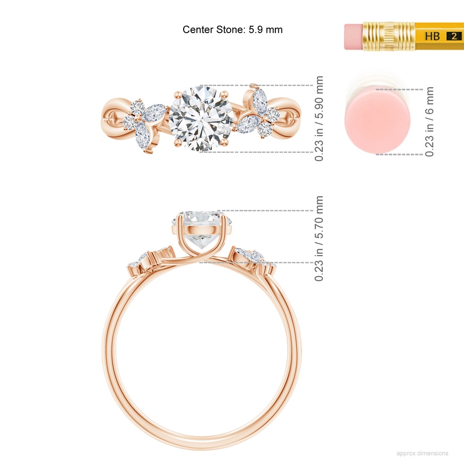 5.9mm HSI2 Round Diamond Butterfly Engagement Ring in Rose Gold ruler