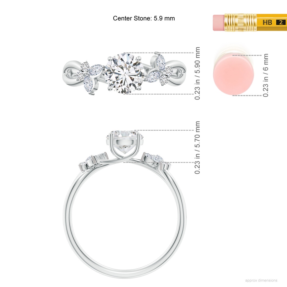 5.9mm HSI2 Round Diamond Butterfly Engagement Ring in White Gold ruler