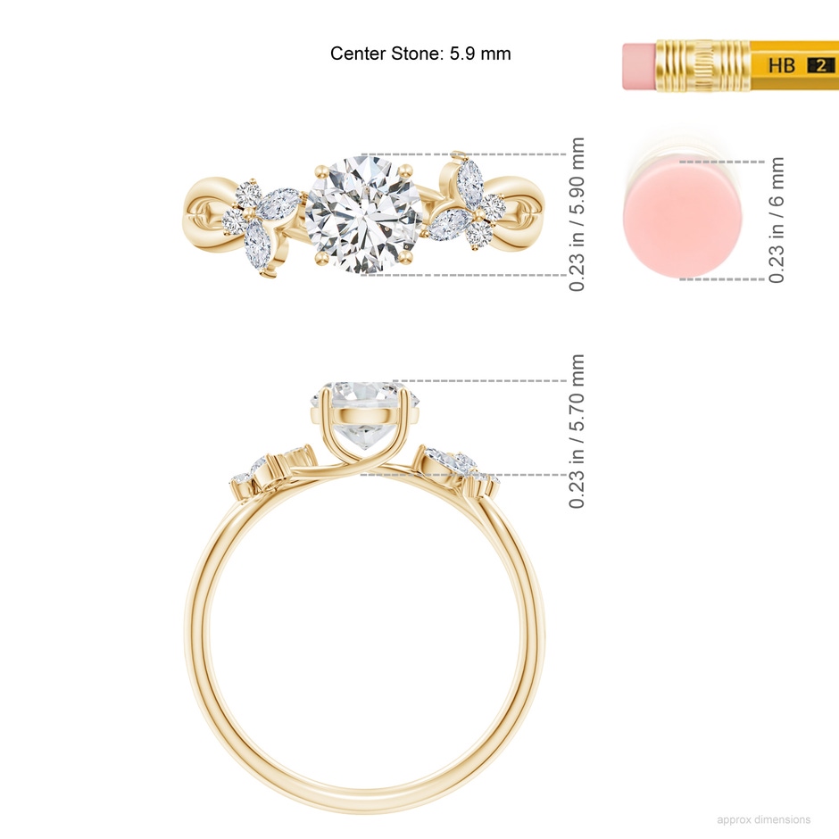 5.9mm HSI2 Round Diamond Butterfly Engagement Ring in Yellow Gold ruler