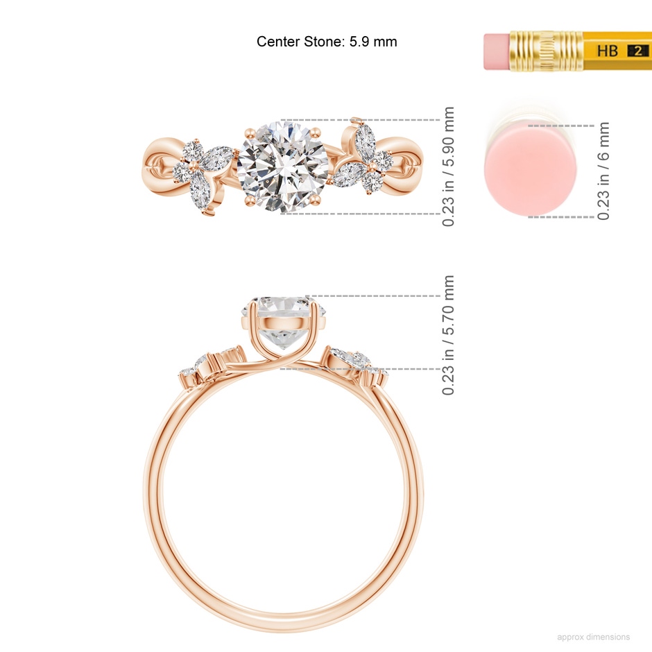 5.9mm IJI1I2 Round Diamond Butterfly Engagement Ring in Rose Gold ruler