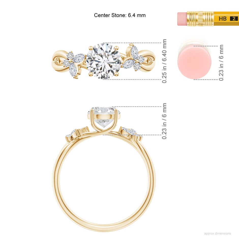6.4mm HSI2 Round Diamond Butterfly Engagement Ring in Yellow Gold ruler