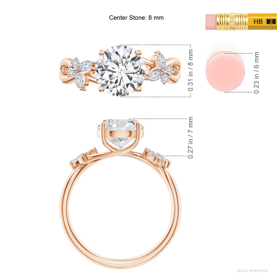 8mm HSI2 Round Diamond Butterfly Engagement Ring in Rose Gold ruler