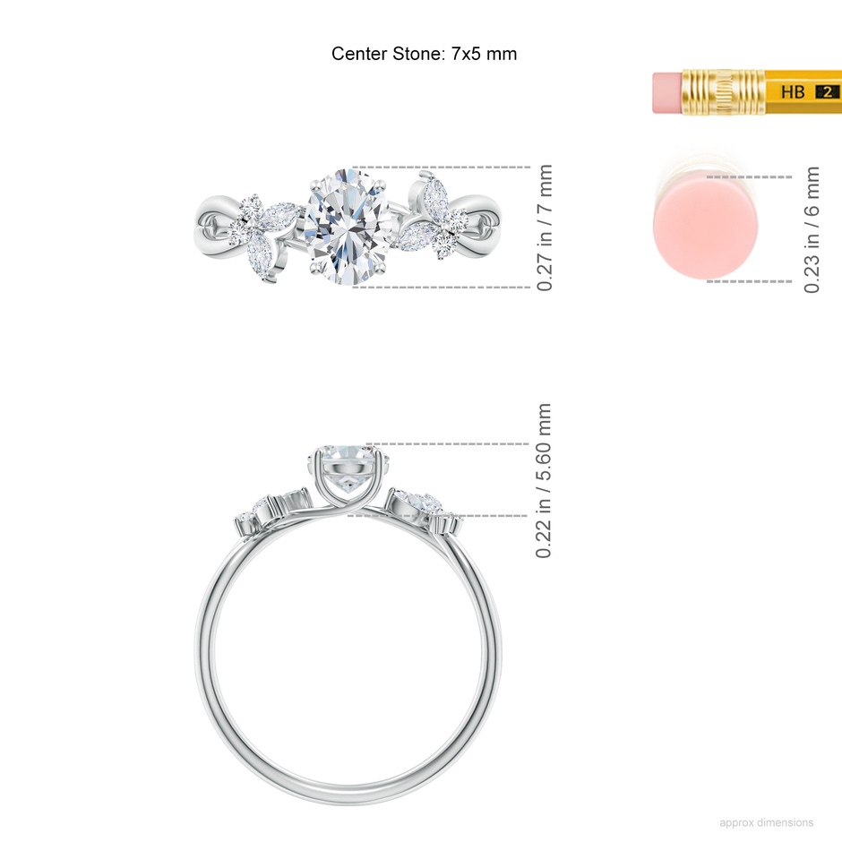 7x5mm GVS2 Oval Diamond Butterfly Engagement Ring in White Gold ruler